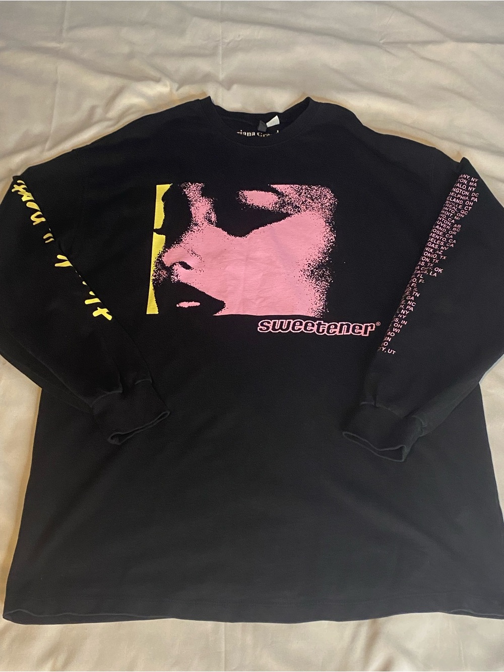 Ariana Grande Black Long-Sleeve Sweetener Graphic Tee with Pink & Yellow Print